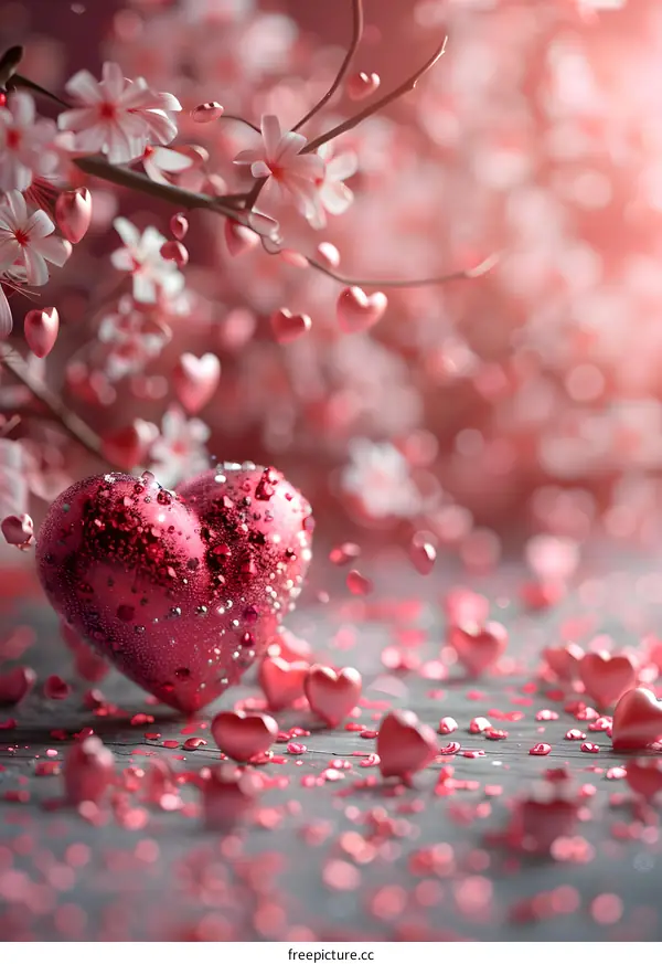 A shining pink heart on a cherry blossom branch