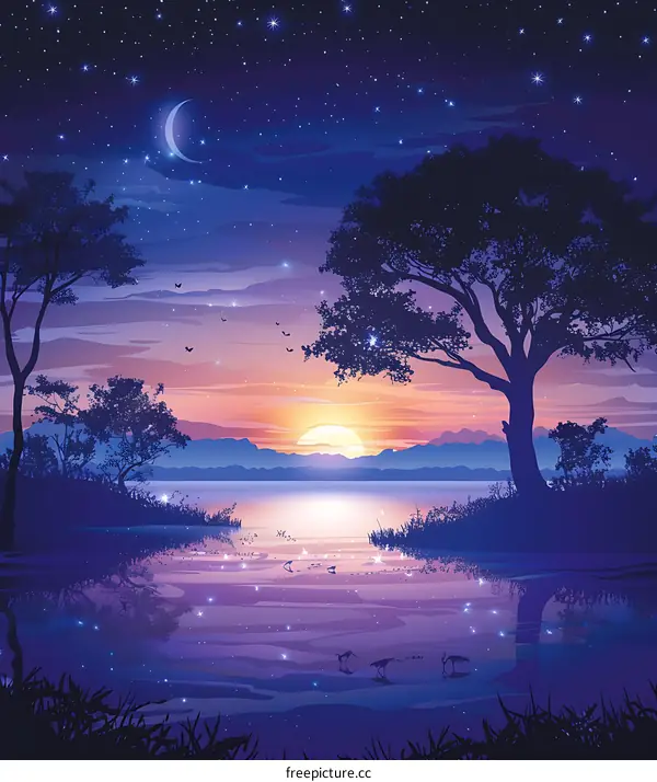 Silhouettes of Trees and Mountains at Sunset with Stars and Moon