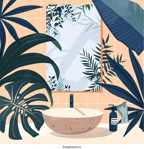 Bathroom with Sink and Plants Illustration