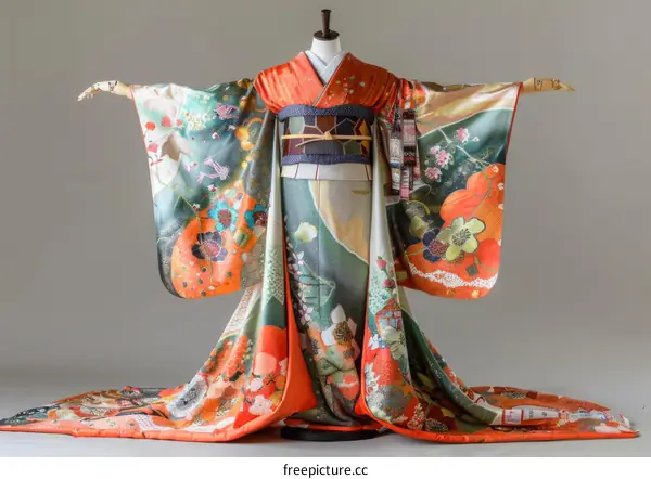 A kimono with a pattern of autumn leaves and flowers