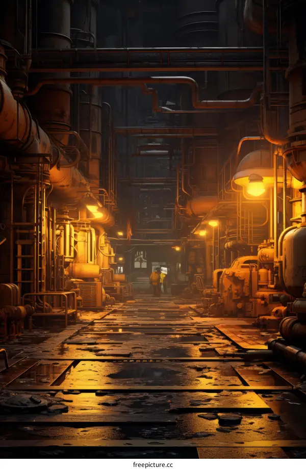 Grungy industrial factory interior with yellow lighting