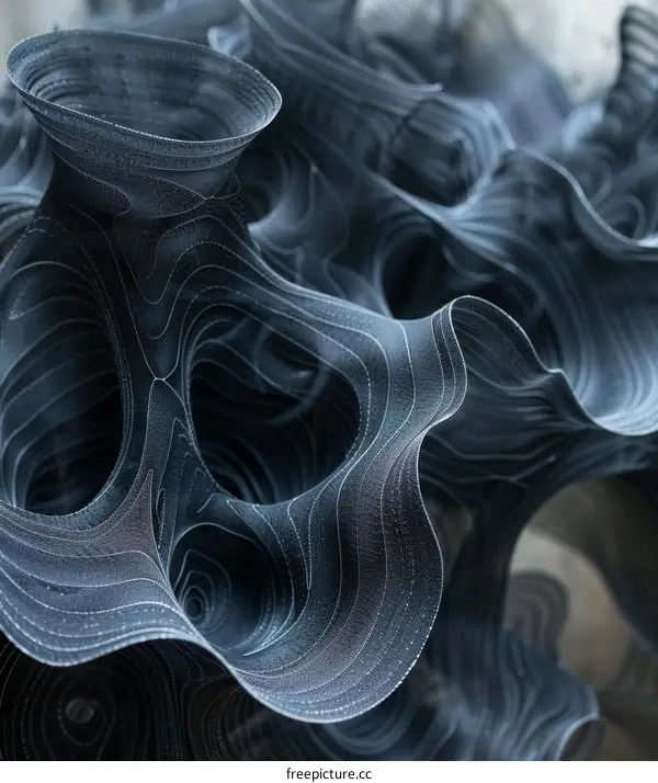 Blue and black 3D rendering of a fluid form