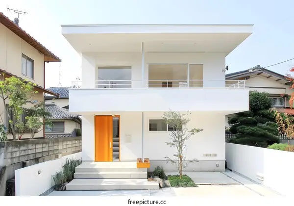 Modern White House Exterior with Wooden Door and Balcony