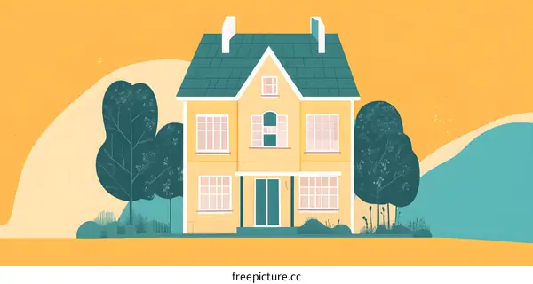 Yellow House with Green Roof and Two Trees