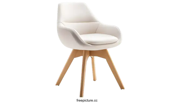 [Transparent Background PNG]Modern White Leather Armchair with Wooden Legs