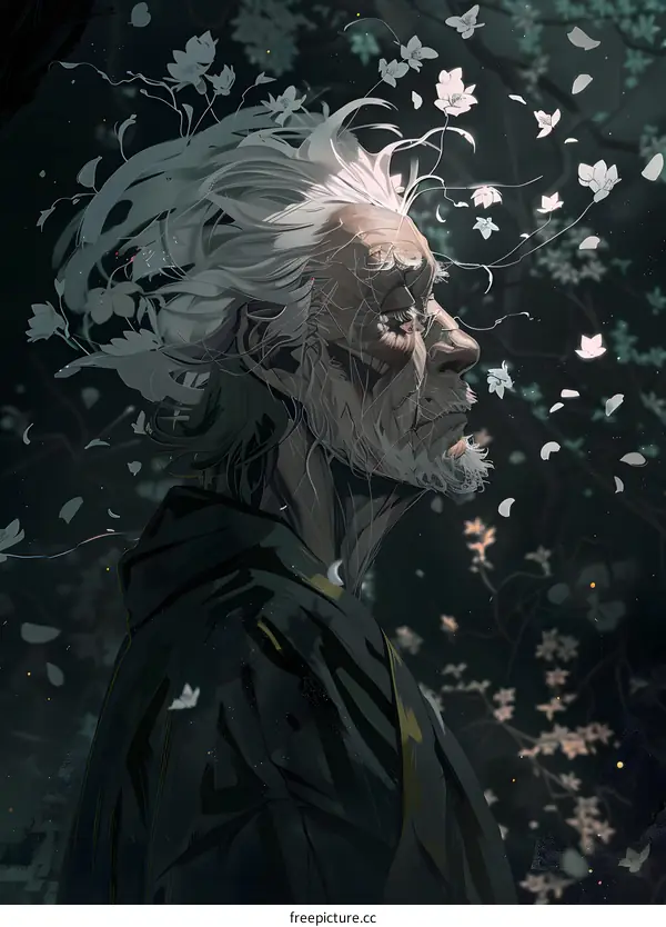 Elderly Man With White Hair And Flowers