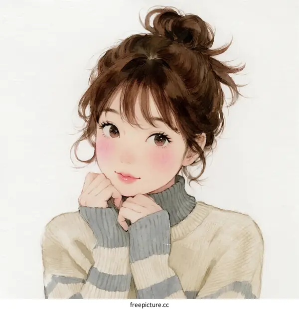 A Young Woman with Loose Bun Hairstyle Wearing Striped Sweater