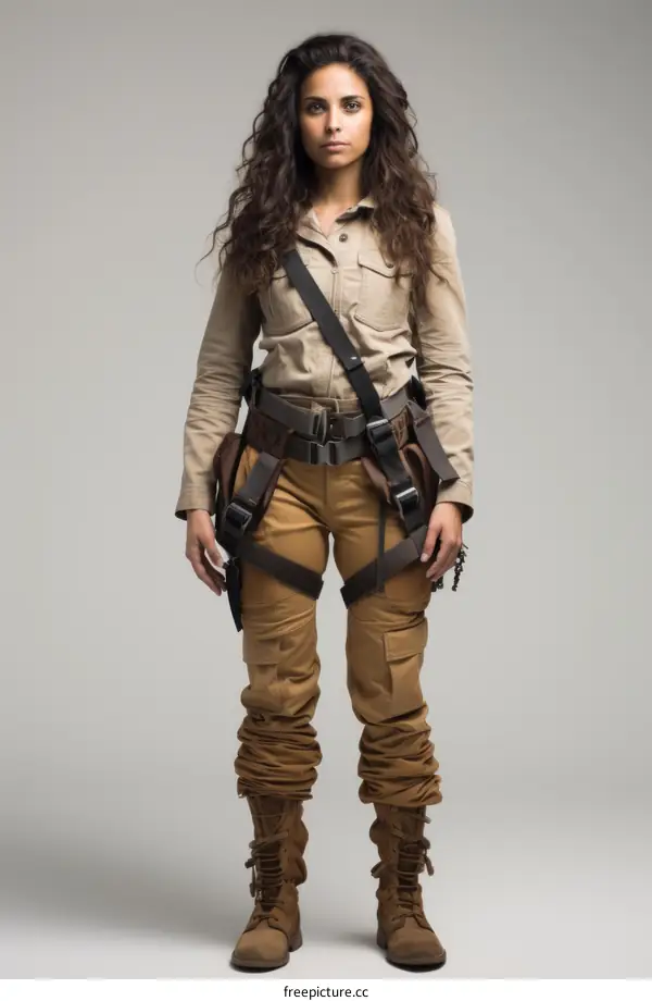 Young Woman with Curly Hair in Brown Outfit with Pockets and Straps