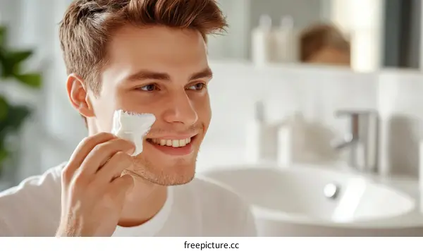 Man Applying Shaving Cream in Bathroom