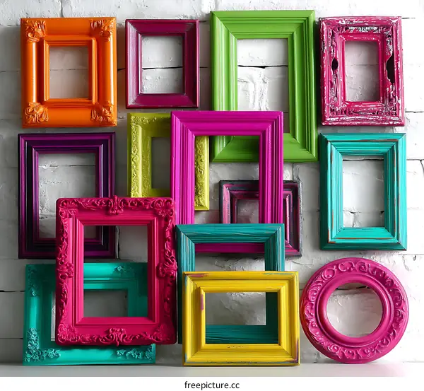 Colorful Picture Frames on White Brick Wall