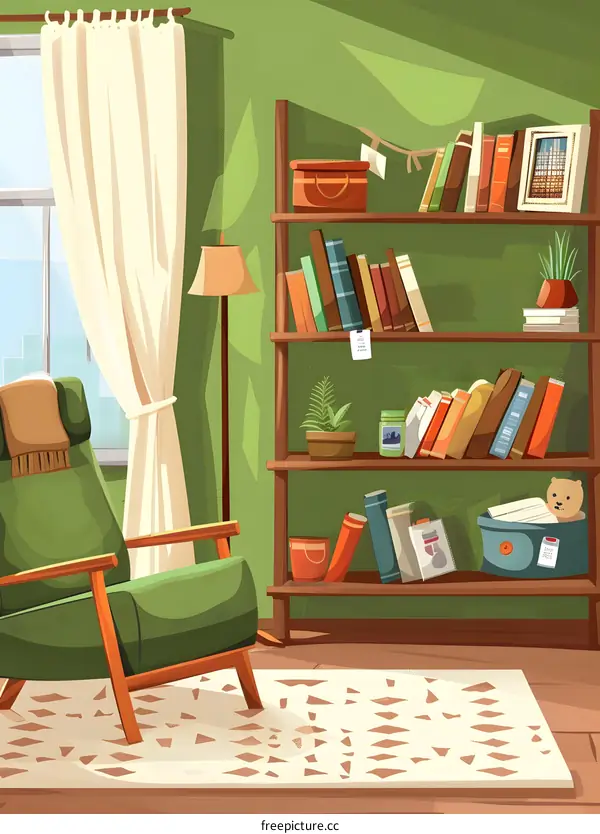 Cozy Living Room with Bookshelf and Armchair