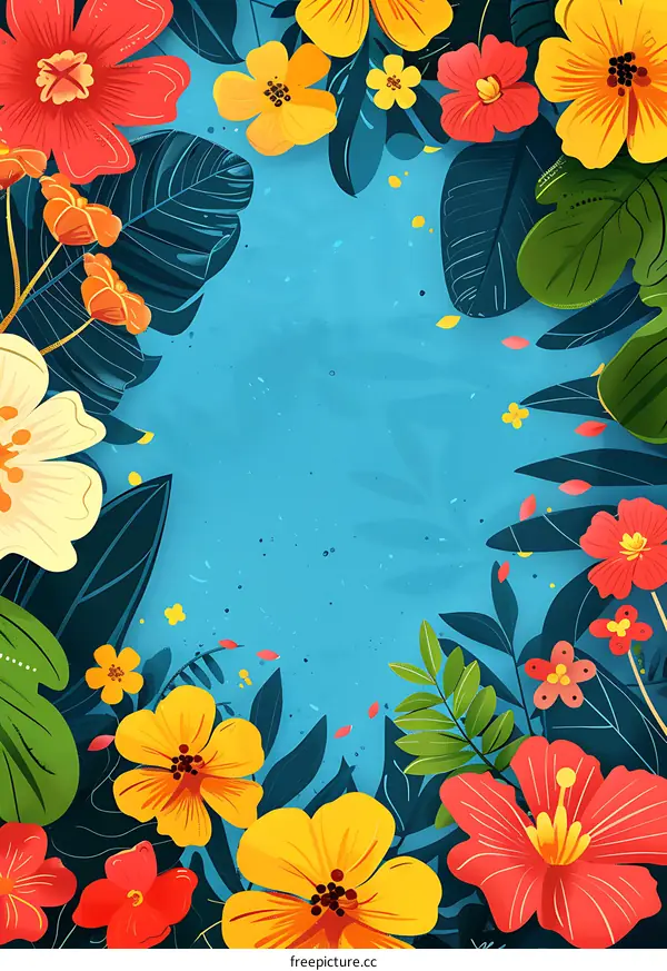 Tropical Flowers Blue Background Summer Floral Design