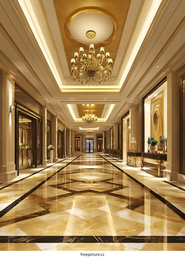 Luxury Interior Design of a Long Corridor with Golden Chandeliers and Marble Floor