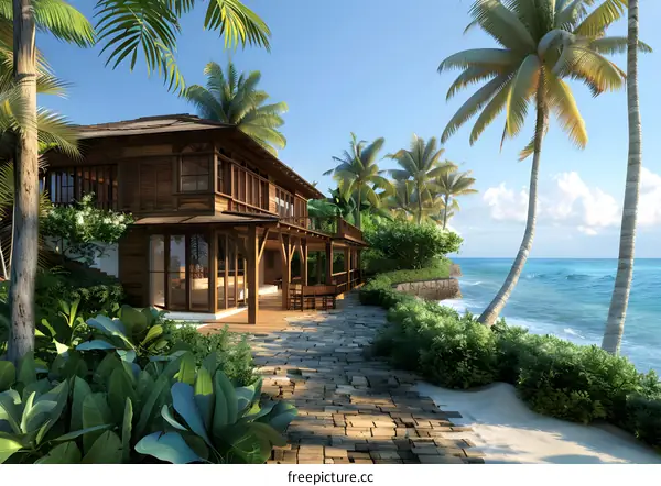 Tropical Beach House with Palm Trees and Ocean View
