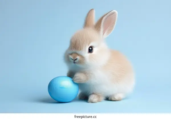 Cute Baby Easter Bunny Holding a Blue Egg
