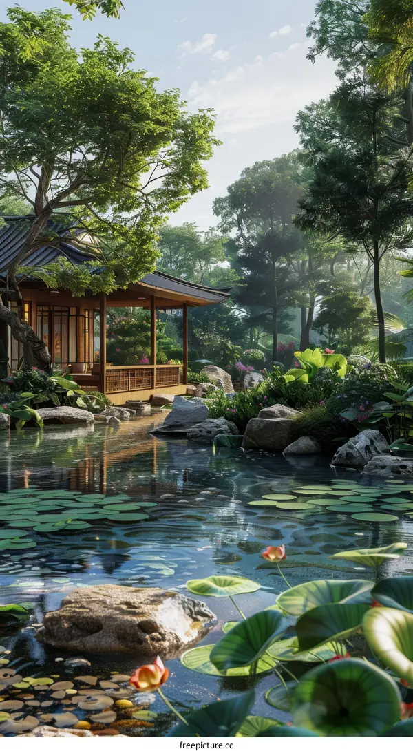 Tranquil Chinese Courtyard House with Lotus Pond