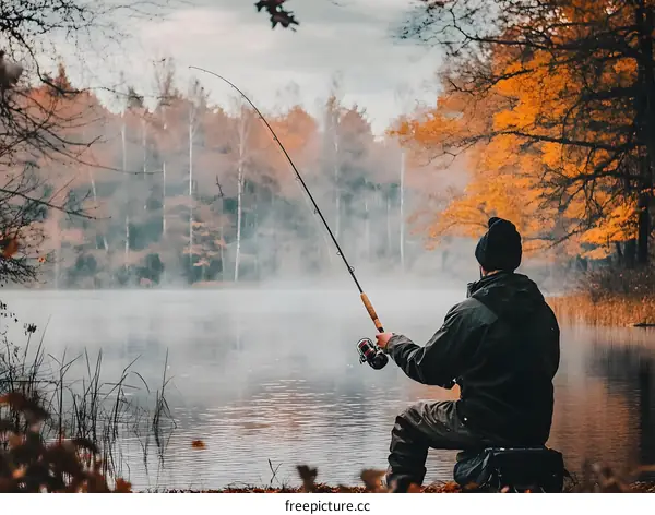 Man Fishing on a Misty Lake in Autumn