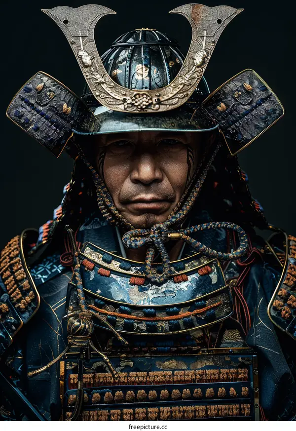 Portrait of a samurai warrior wearing a traditional Japanese helmet