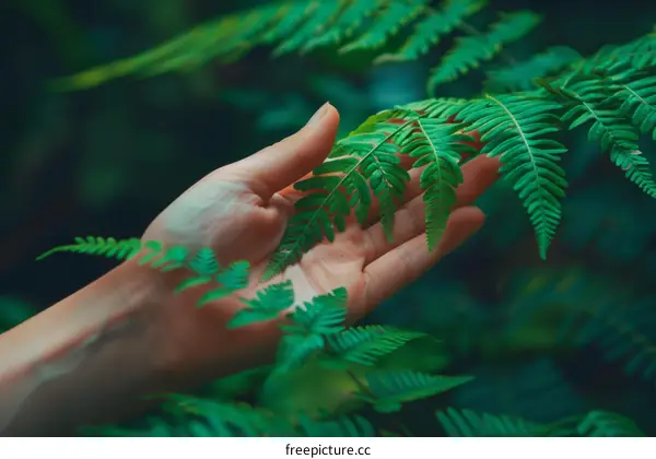 A hand touching a frond of a fern