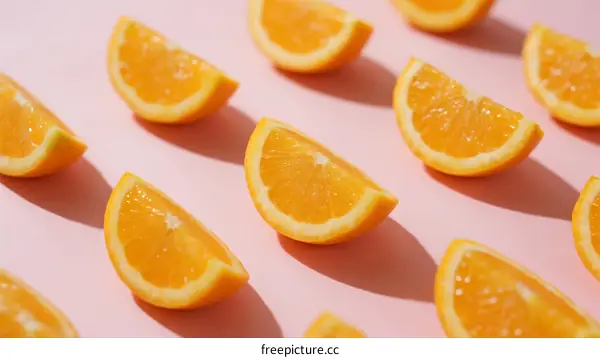Fresh Orange Slices Arranged on Pink Background with Bright Color