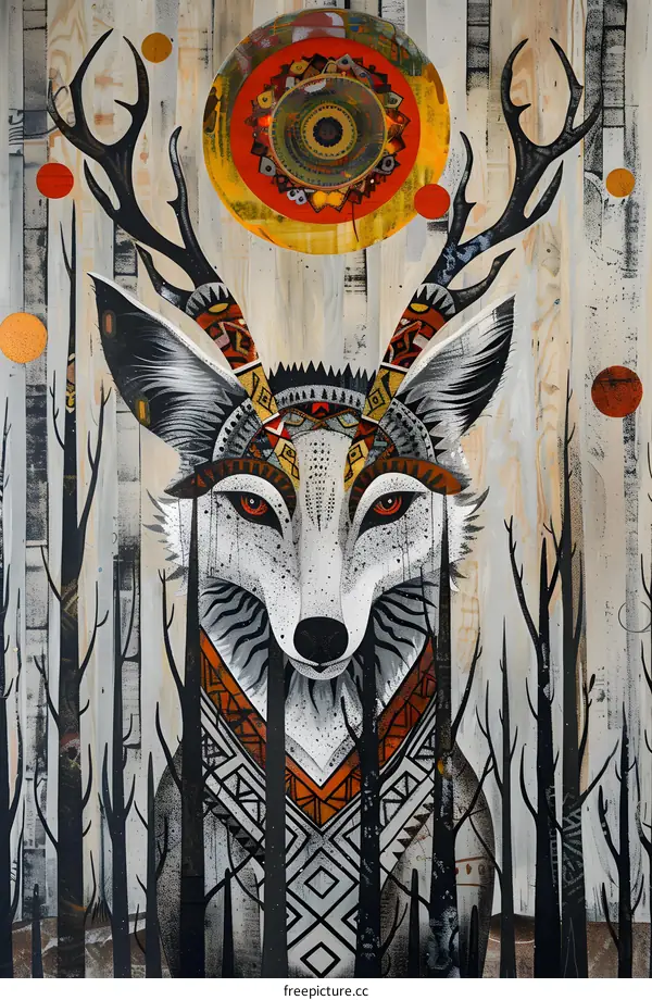 Tribal Fox With Antlers In Forest