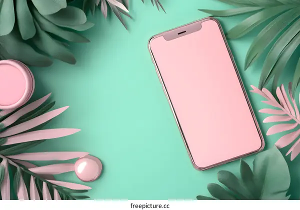 Pink Smartphone With Green Leaves Mockup