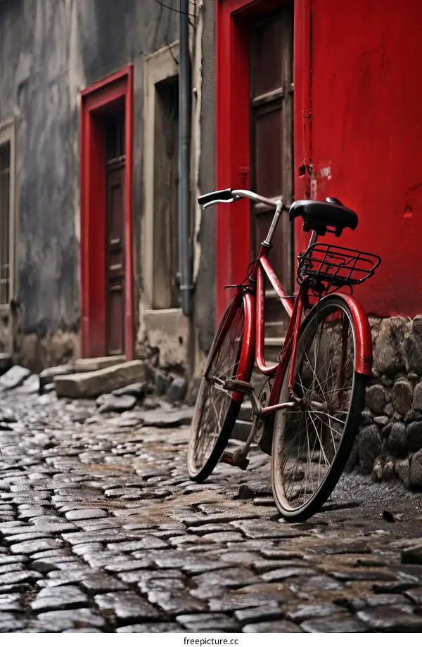 A red bicycle parked in front of a red door