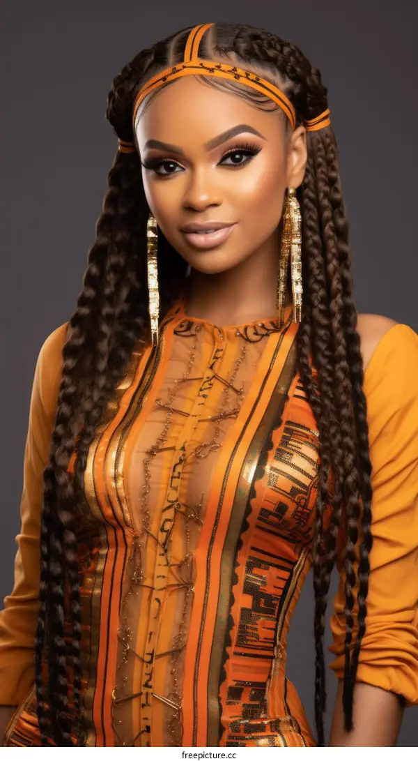 portrait of a beautiful black woman with long braided hair wearing an orange dress