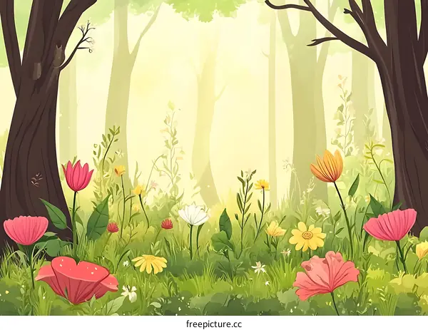 Spring Flowers in a Misty Forest