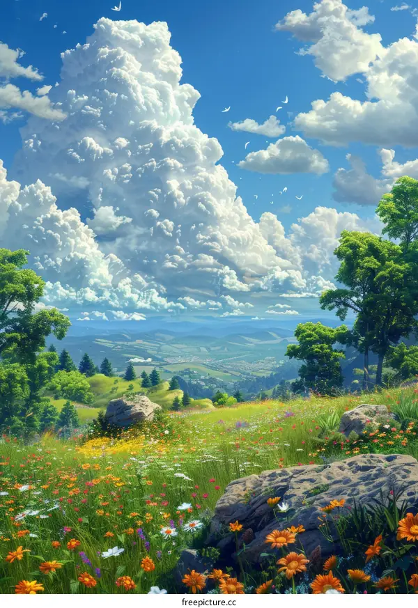 A Colorful Meadow Under a Majestic Sky