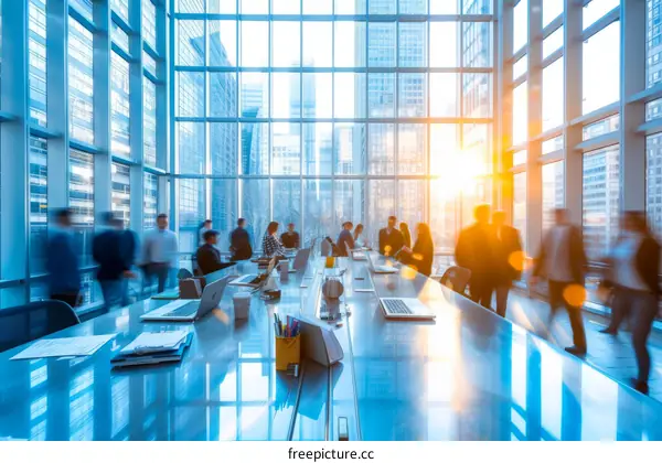 Blurred image of business people having a meeting in a modern office with a glass wall