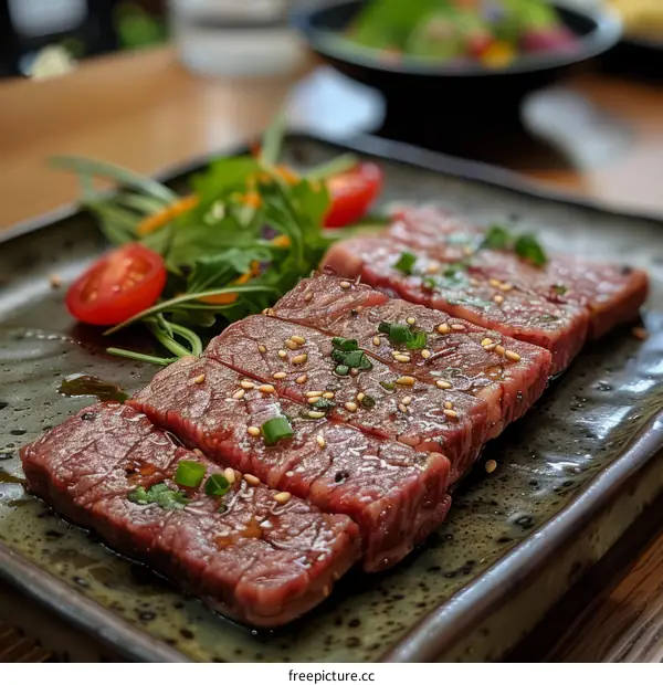 Sliced steak on a plate with salad and tomatoes