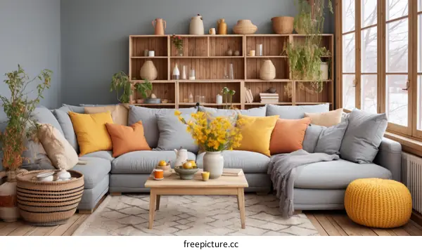 Cozy Scandinavian Living Room with Gray Sofa and Wooden Bookshelf