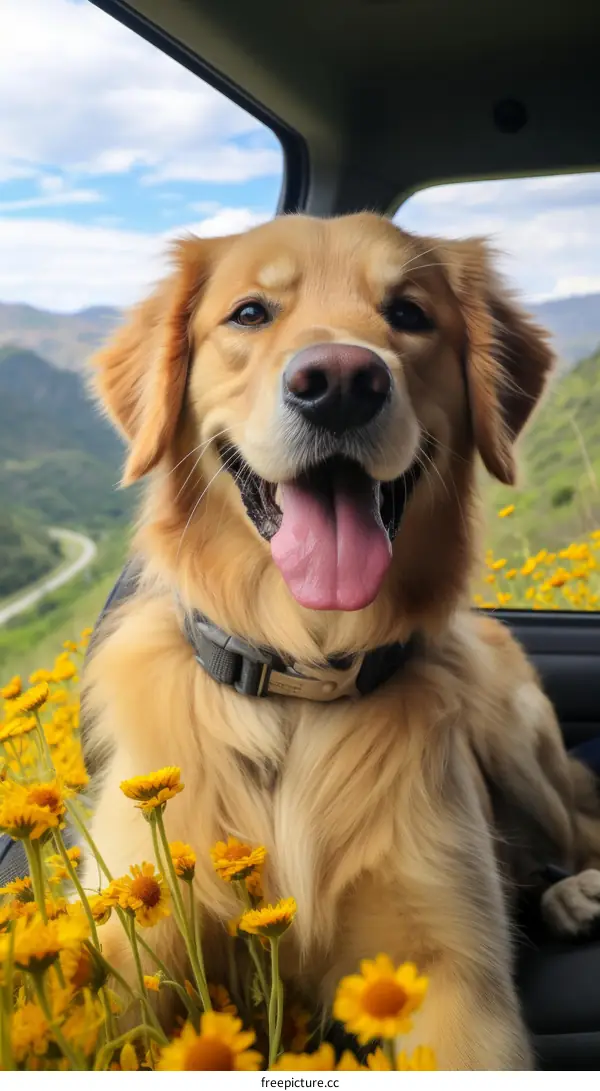 Golden Retriever sitting in a car with flowers