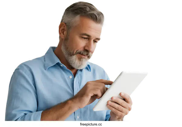 [Transparent Background PNG]Middle-aged man using a digital tablet for work or leisure