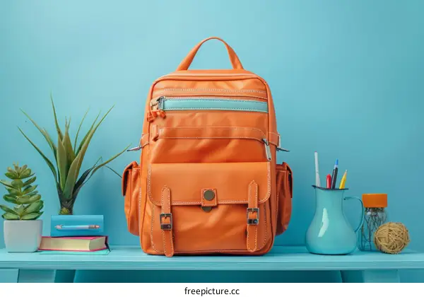 An orange backpack on a blue table with blue background
