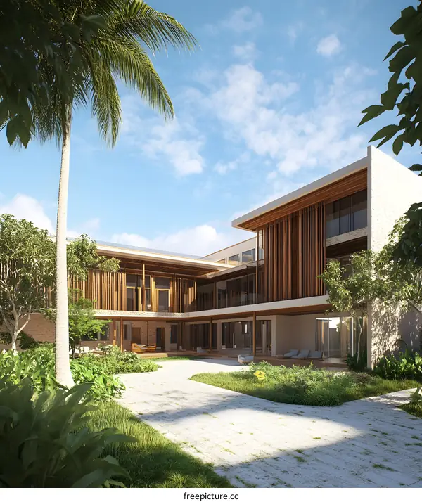 Modern Tropical Courtyard House Design With Wooden Facade And Palm Tree