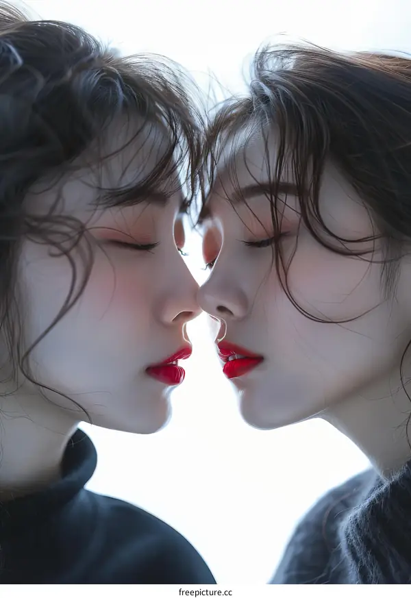Two Asian young women with wet hair and red lipstick are standing face to face with their eyes closed