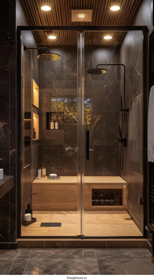 Modern Luxury Shower Room Design with Wooden Bench