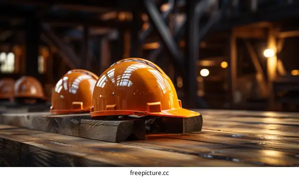 Two orange hard hats sit on a wooden table in a dimly lit room.