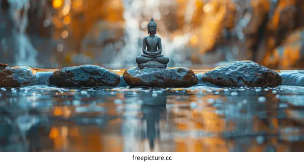 Black Stone Buddha Statue in a Tranquil Creek