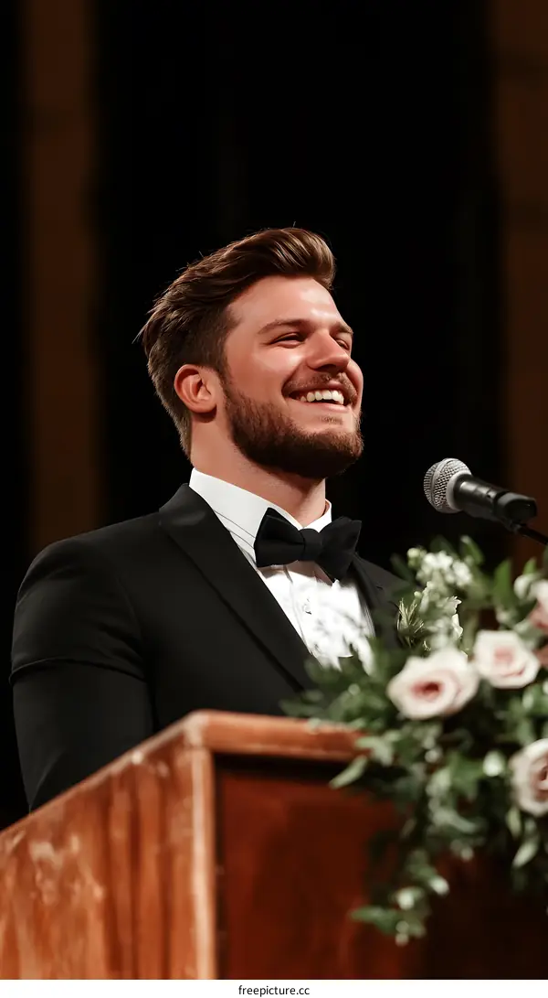 Smiling Man Giving a Speech at a Wedding Reception