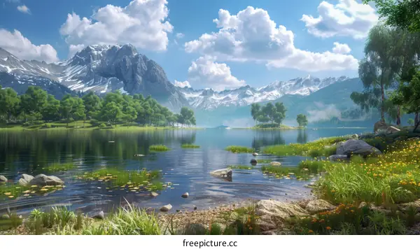 Majestic Mountains, Serene Lake, and Lush Green Field