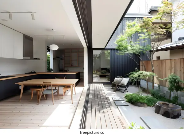 Modern Japanese Home Interior Design With Sliding Doors Opening To A Zen Garden