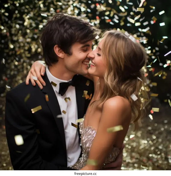 Happy newlyweds couple kissing under falling gold confetti
