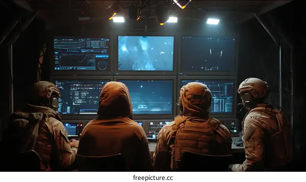 Military Personnel Operating Surveillance System in Control Room