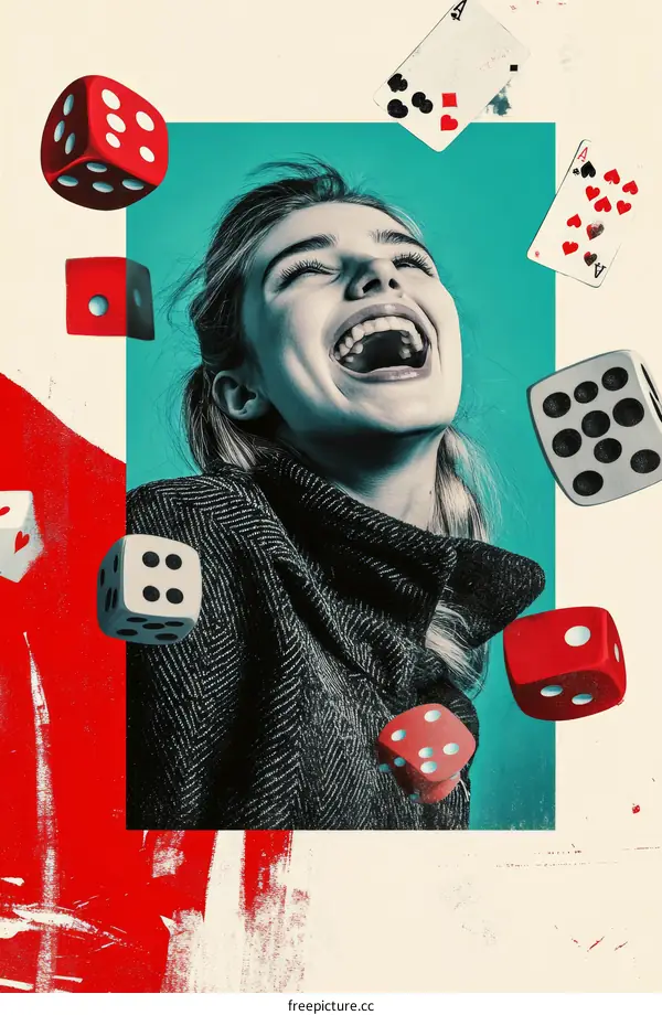 A Collage Portrait of a Joyful Woman with Dice and Cards