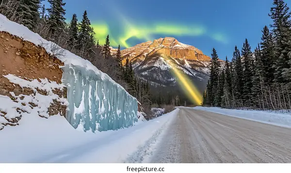 Northern Lights Over Snowy Mountain Road