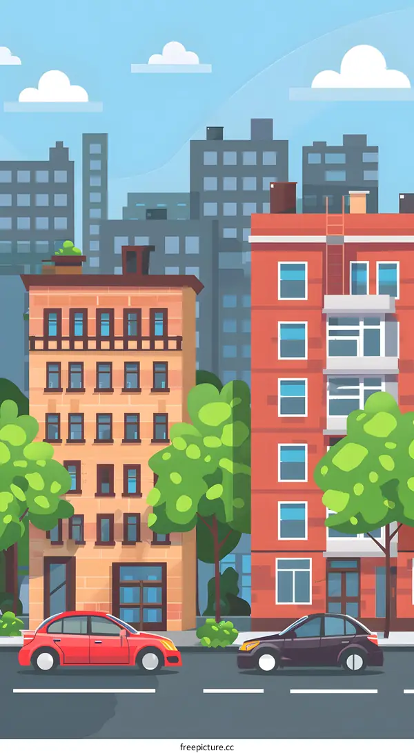 Cityscape with Buildings and Cars