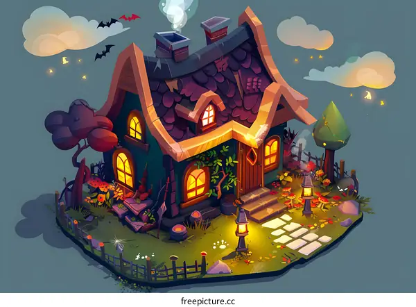 Cartoon Illustration of a Small House with a Garden